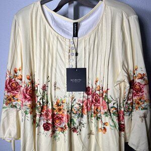 NWT Just Fashion Now Yellow w Rose Print Pleated Top Blouse SZ Lrg